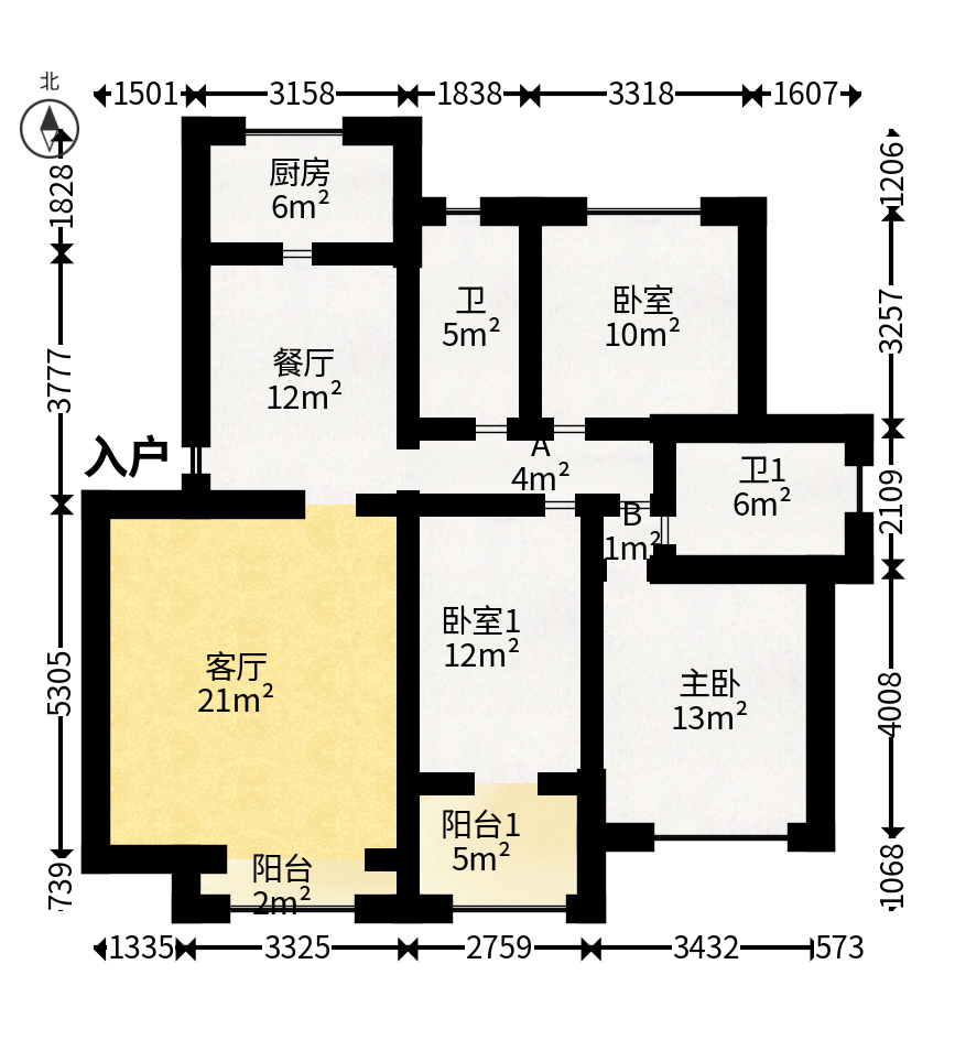 山水湾  3室2厅1卫   65.00万户型图