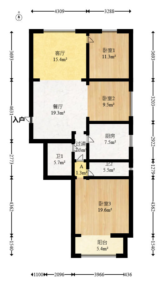 中惠锦堂  3室2厅2卫   110.00万户型图