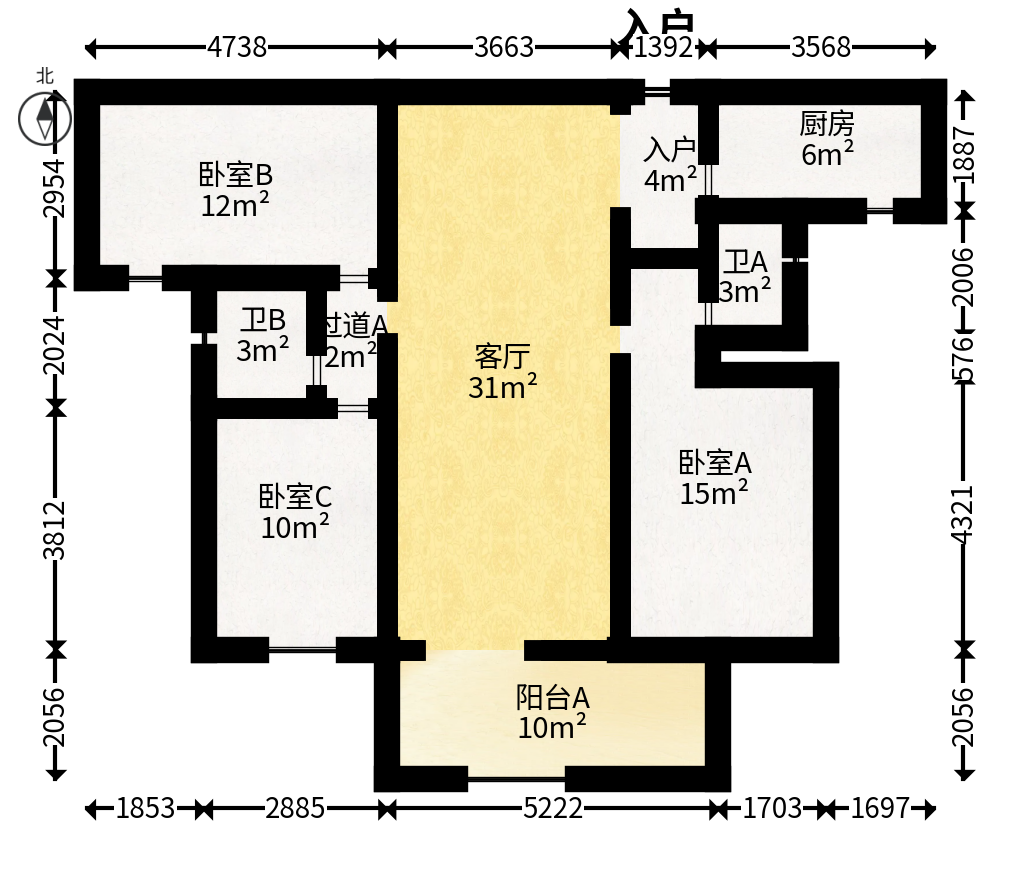 保利城（中航城国际社区、郡原美村）  3室2厅2卫   96.00万户型图
