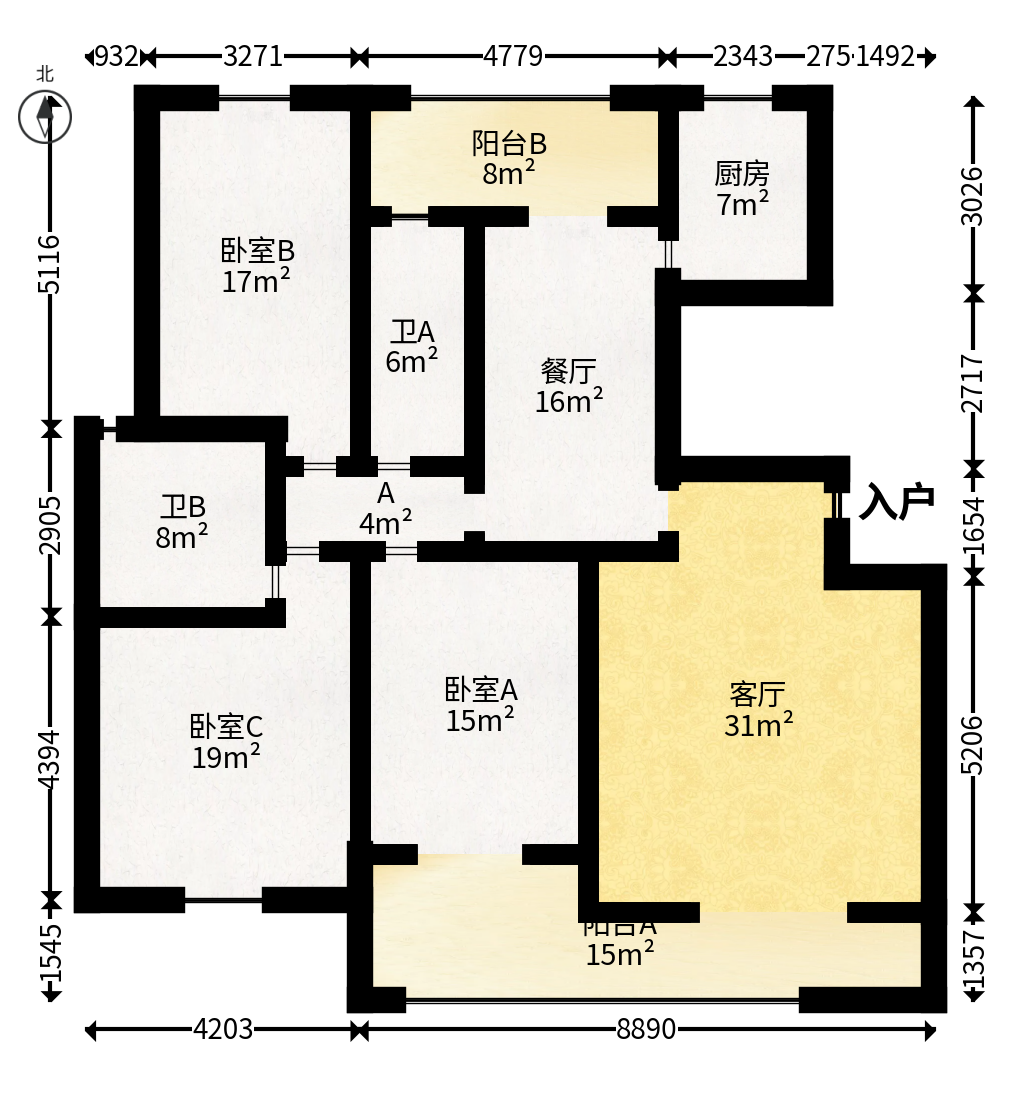 财富名园  3室2厅2卫   104.00万户型图