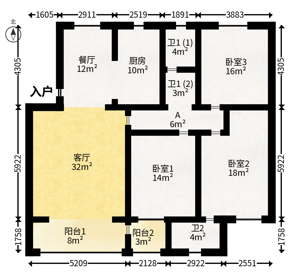 地税五分局小区  3室2厅2卫   105.00万户型图