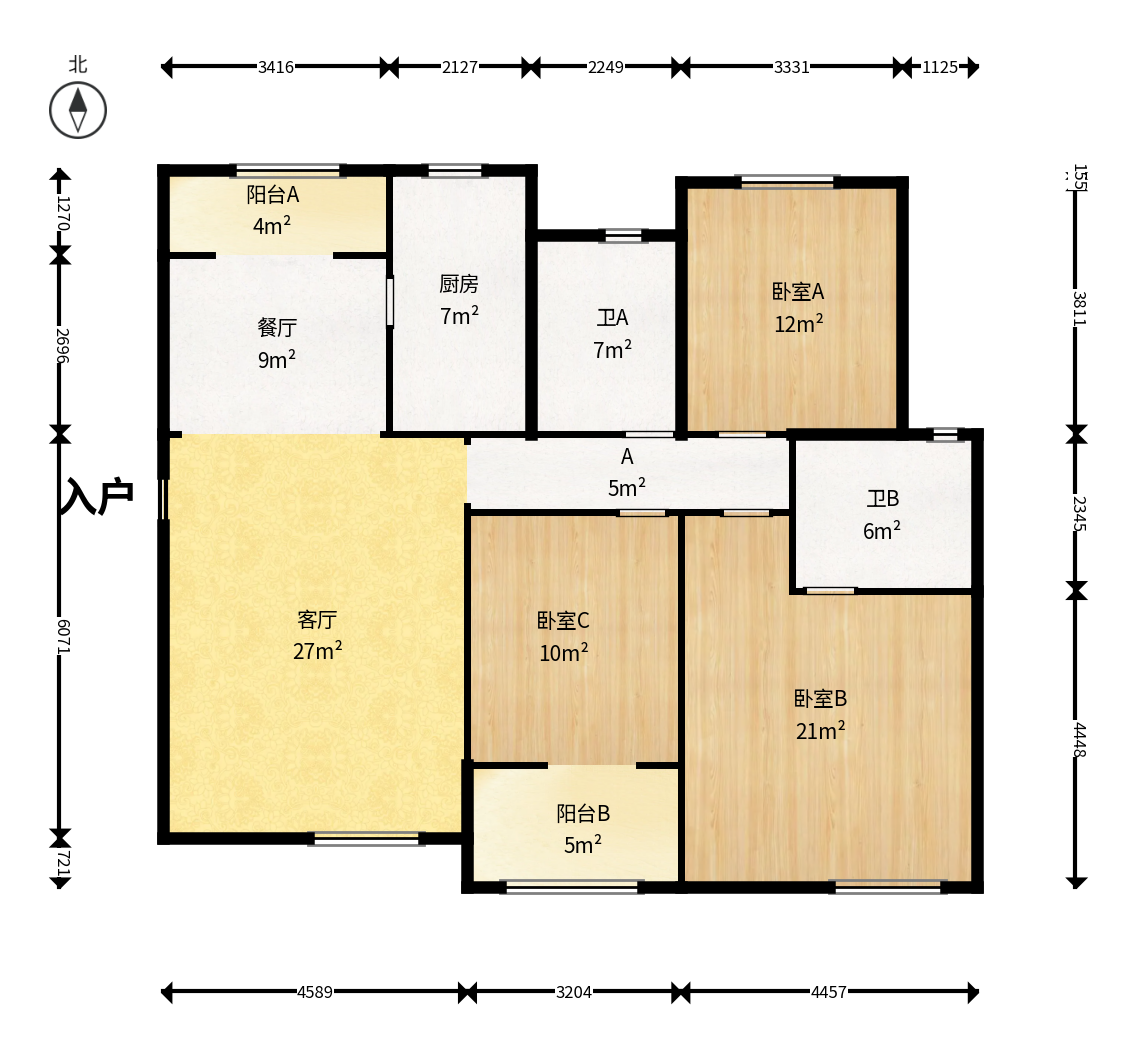 长大卧琥  3室2厅2卫   90.00万户型图
