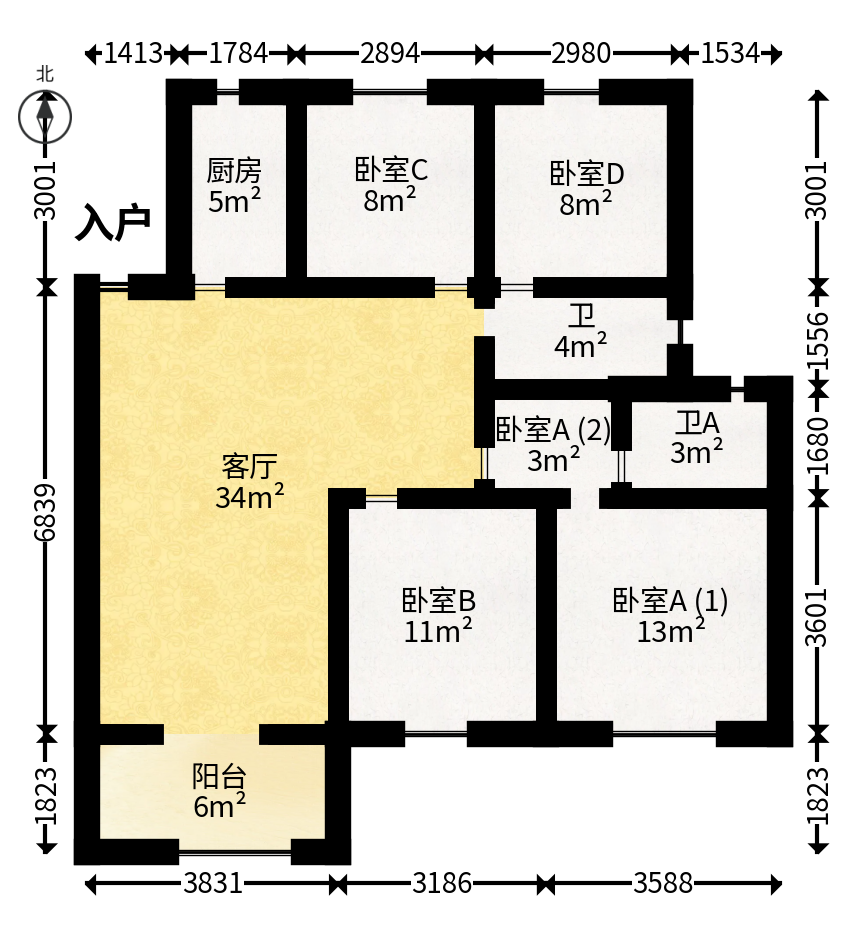 梅溪正荣府  4室2厅2卫   145.00万户型图