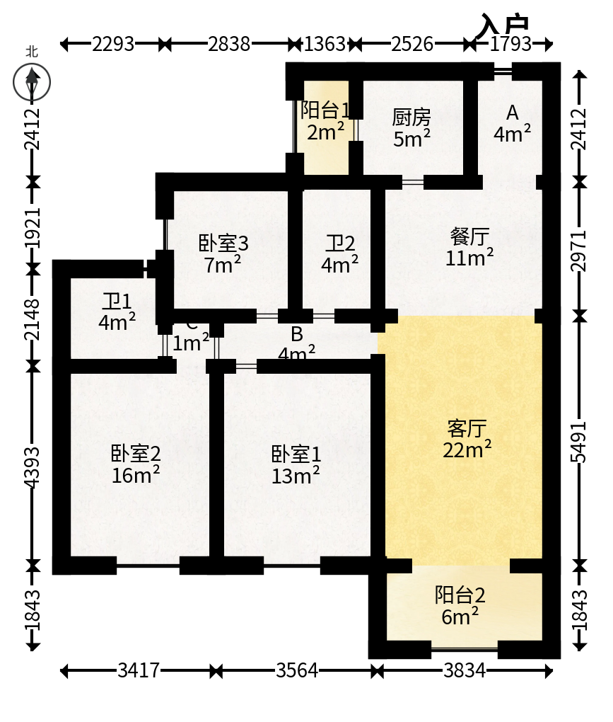 保利大都汇四期  3室2厅2卫   136.00万户型图