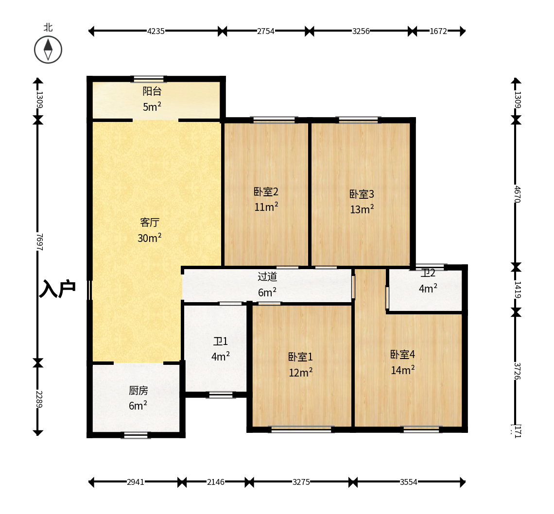 乾源国际  4室2厅2卫    75.0万户型图