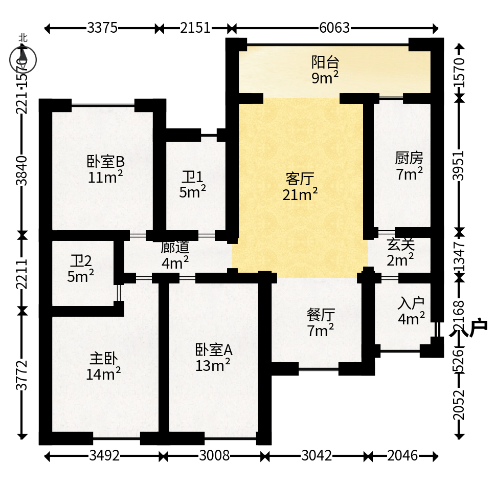 江山帝景哈佛  3室2厅2卫   129.50万户型图