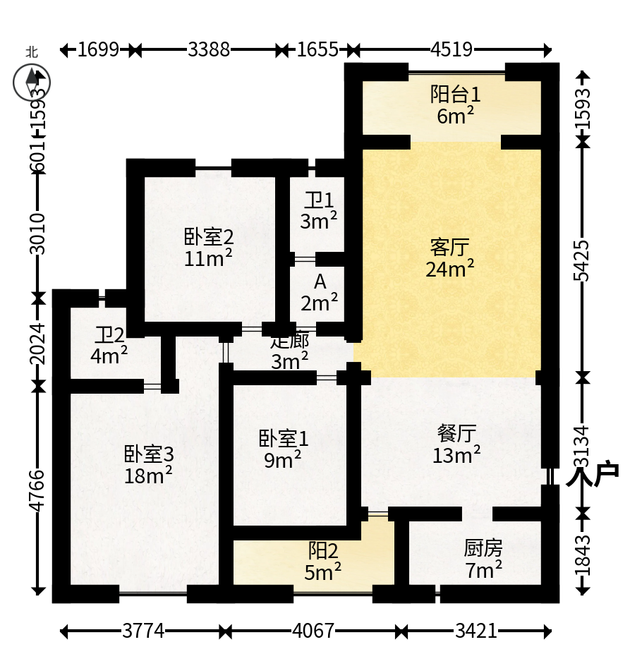 鑫天山水洲城  3室2厅2卫   96.00万户型图