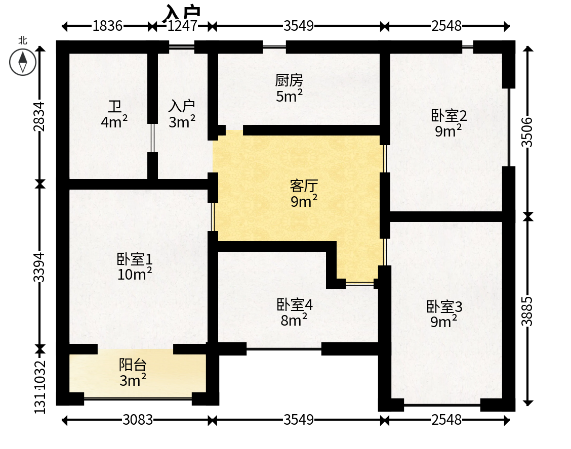 北辰三角洲E4区  3室1厅1卫   88.00万户型图