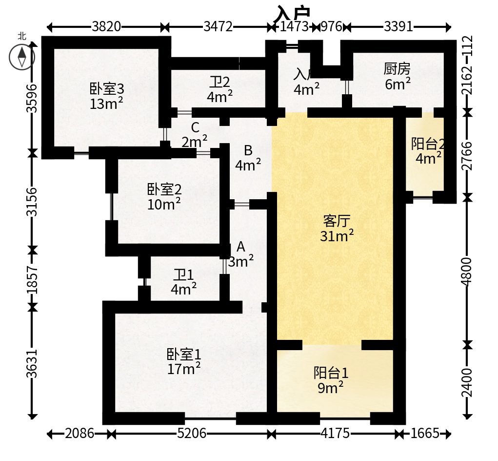 第六都（陆都小区）  3室2厅2卫   210.00万户型图