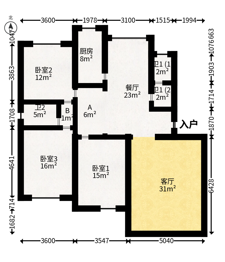 海华锦园  3室2厅2卫   88.00万户型图