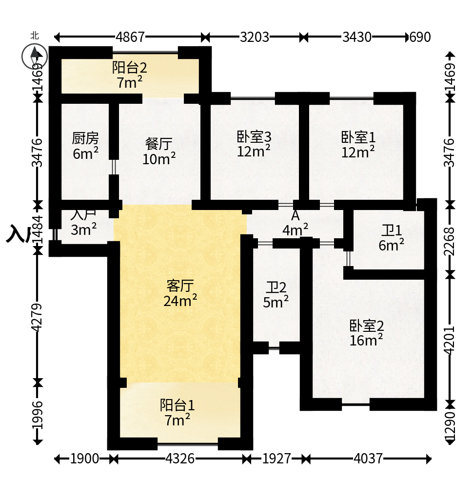长房东旭国际  3室2厅2卫   170.00万户型图