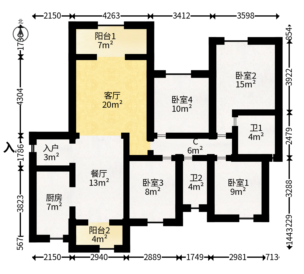 长房东旭国际  4室2厅2卫   210.00万户型图
