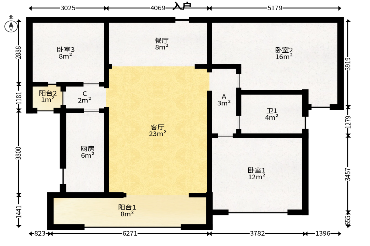 第六都（陆都小区）  3室1厅1卫   158.00万户型图
