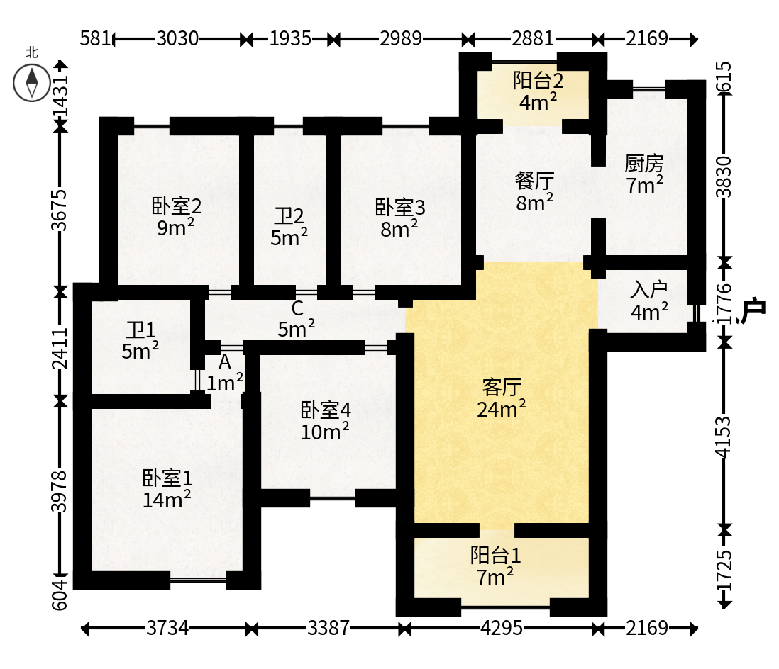 长房东旭国际  4室2厅2卫   210.00万户型图
