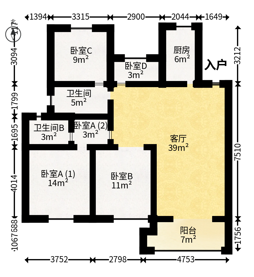 梅溪正荣府  4室2厅2卫   136.80万户型图
