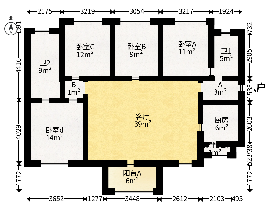 万科金域华府三四期  4室2厅2卫   128.00万户型图