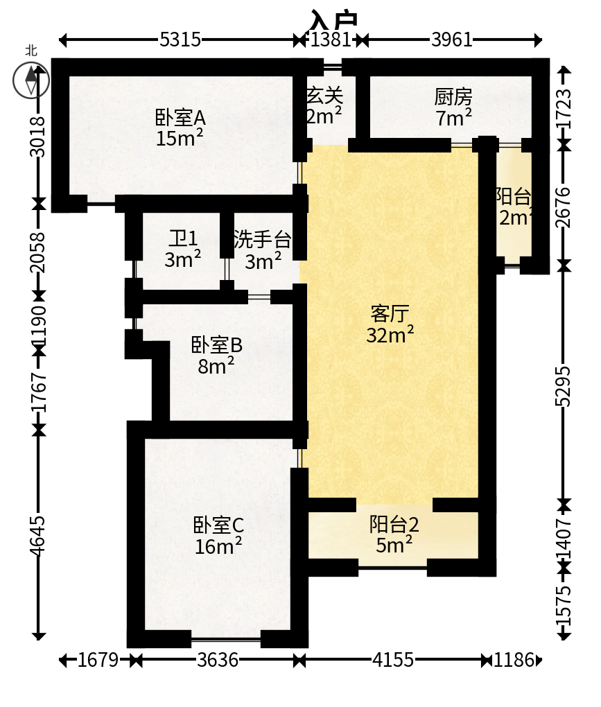 中海国际二期  3室2厅1卫   90.00万户型图