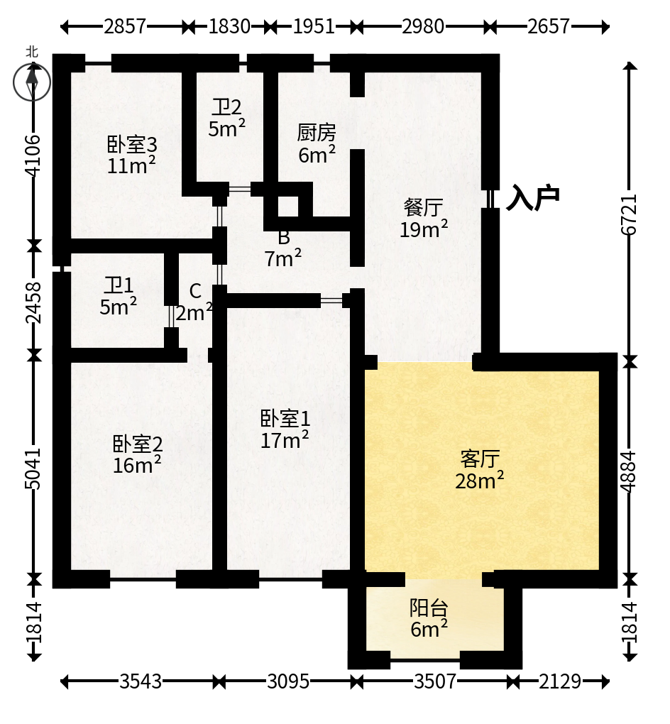 茂华国际湘  3室2厅2卫   116.00万户型图