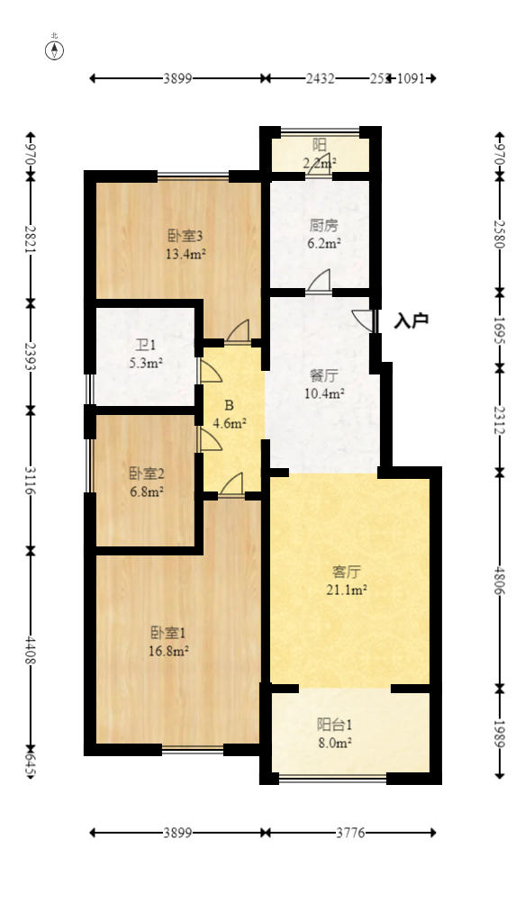 茂华禧都会  3室2厅2卫   108.00万户型图