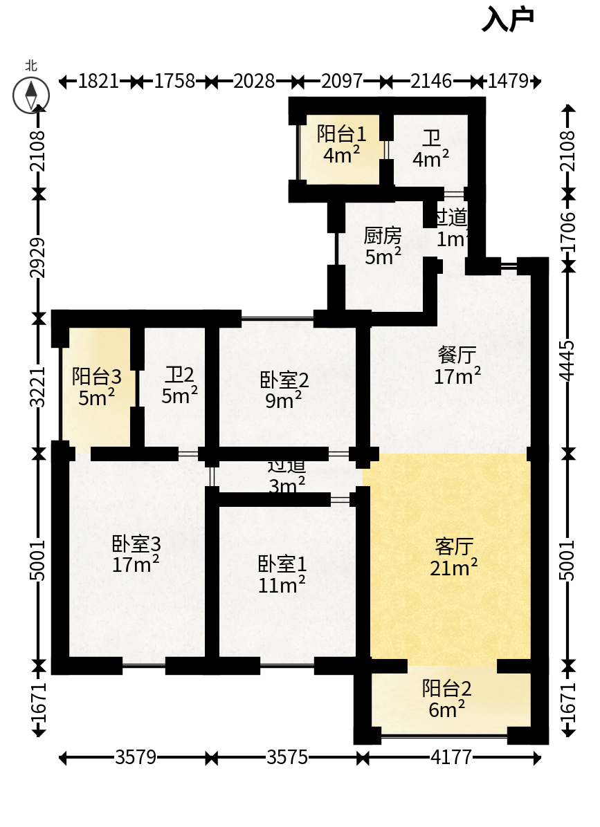 上河国际C区  3室2厅2卫   108.80万户型图