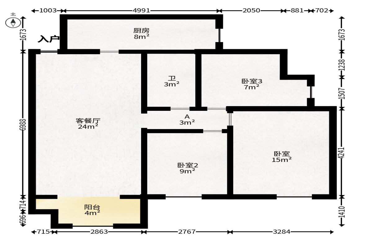 天麓尚层  3室2厅1卫   68.80万户型图