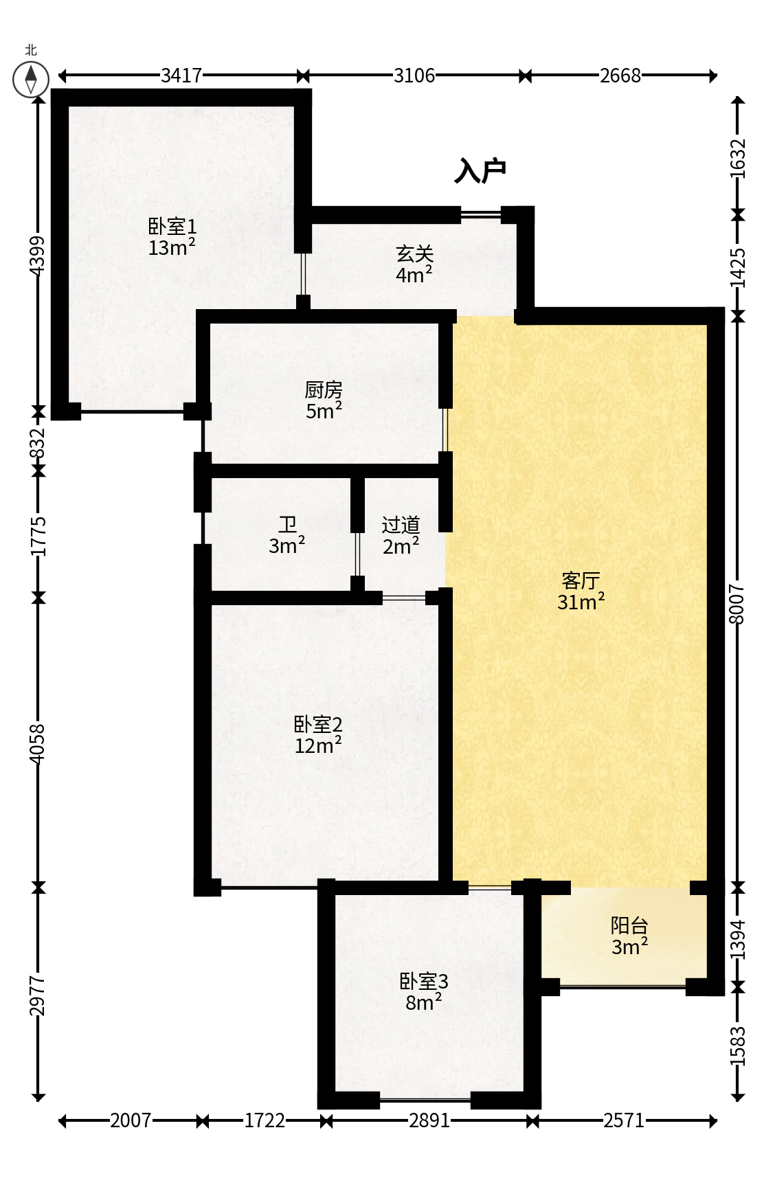 勤诚达境界城  3室2厅1卫   75.00万户型图
