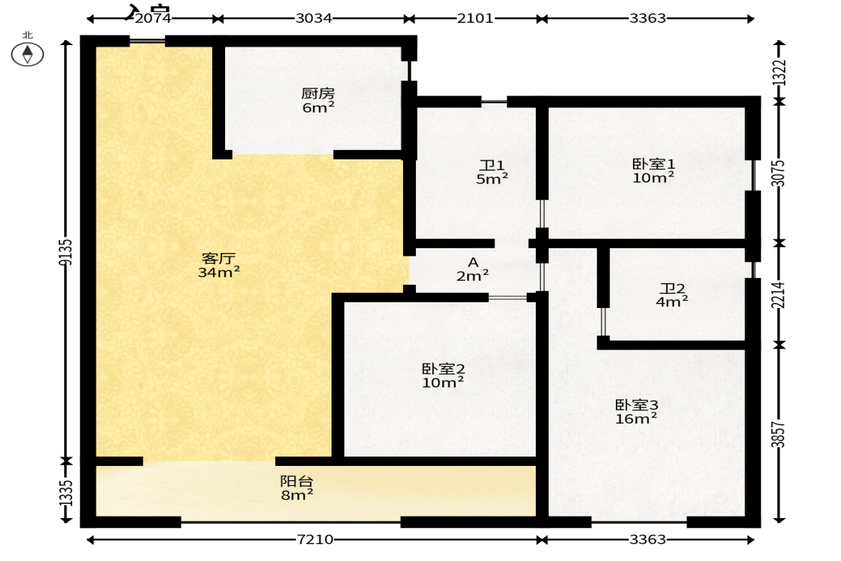 万科滨河道  3室2厅2卫   128.00万户型图