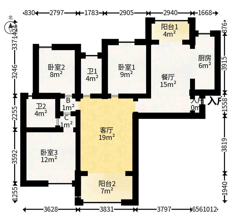 长房东旭国际  3室2厅2卫   142.00万户型图