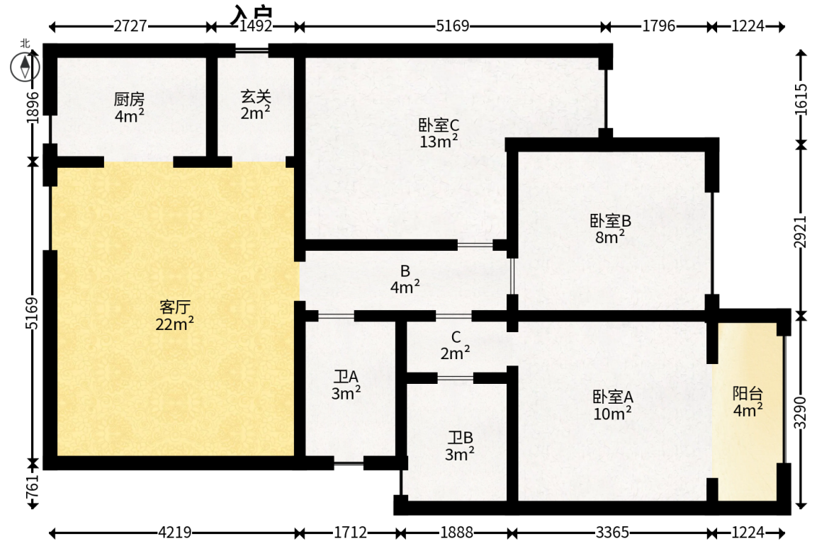 里约荟  3室2厅2卫   80.00万户型图
