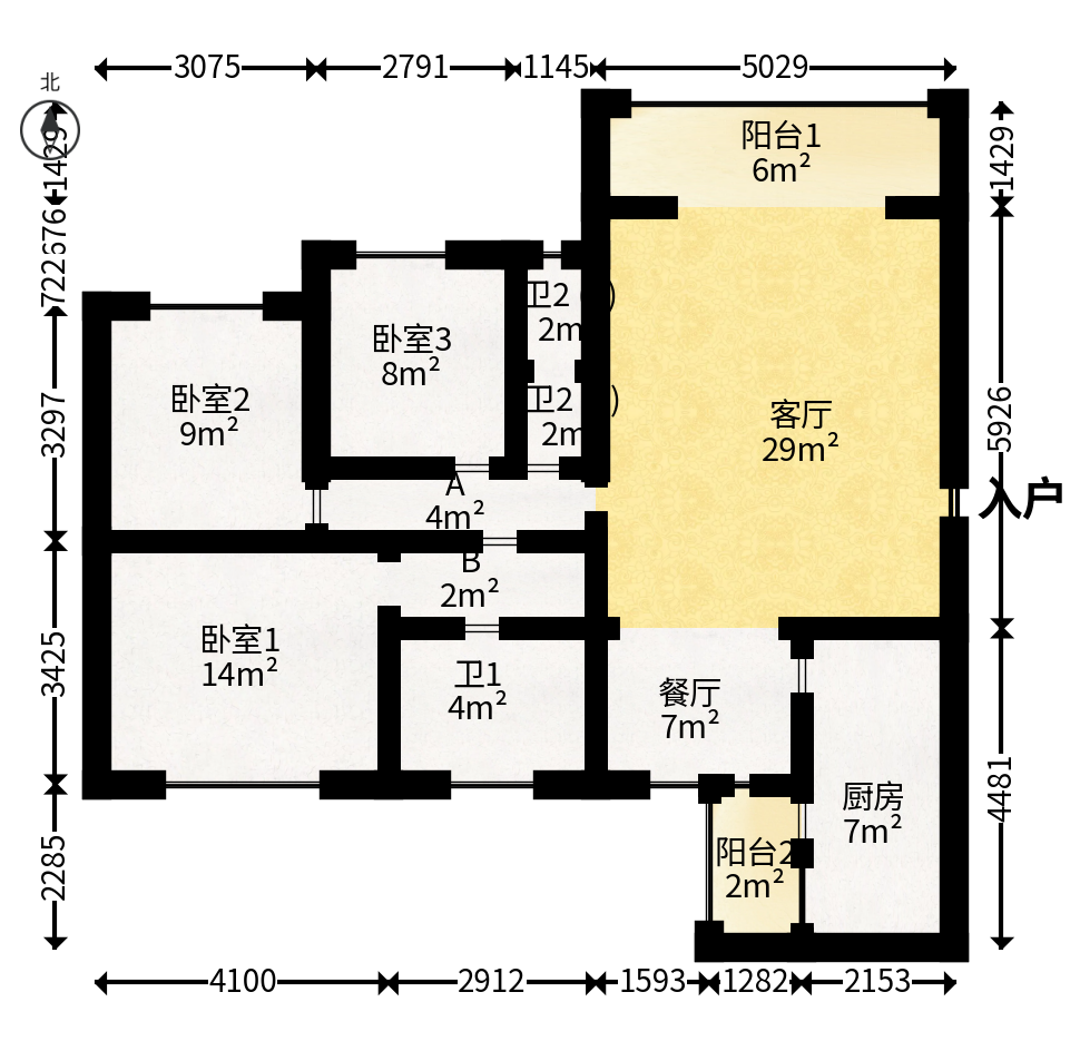 名都花园  3室1厅2卫   98.80万户型图