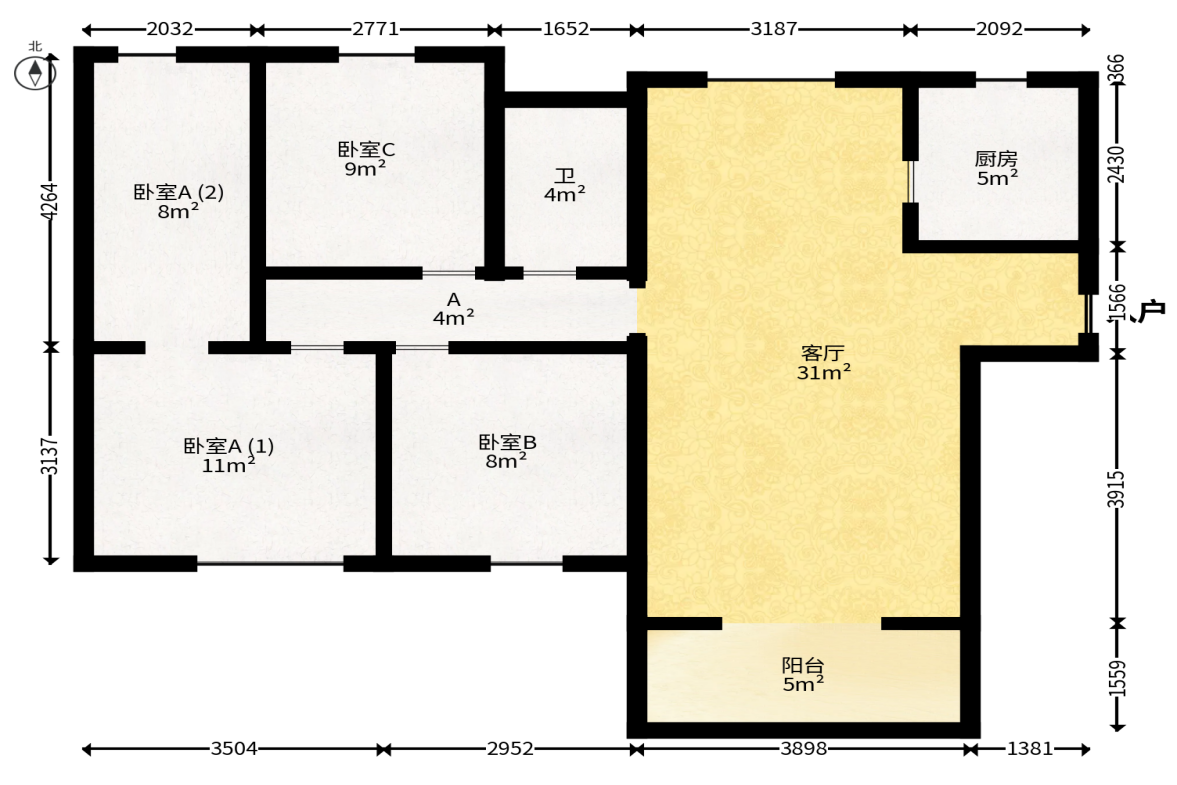 振业城二期  3室2厅2卫   168.00万户型图