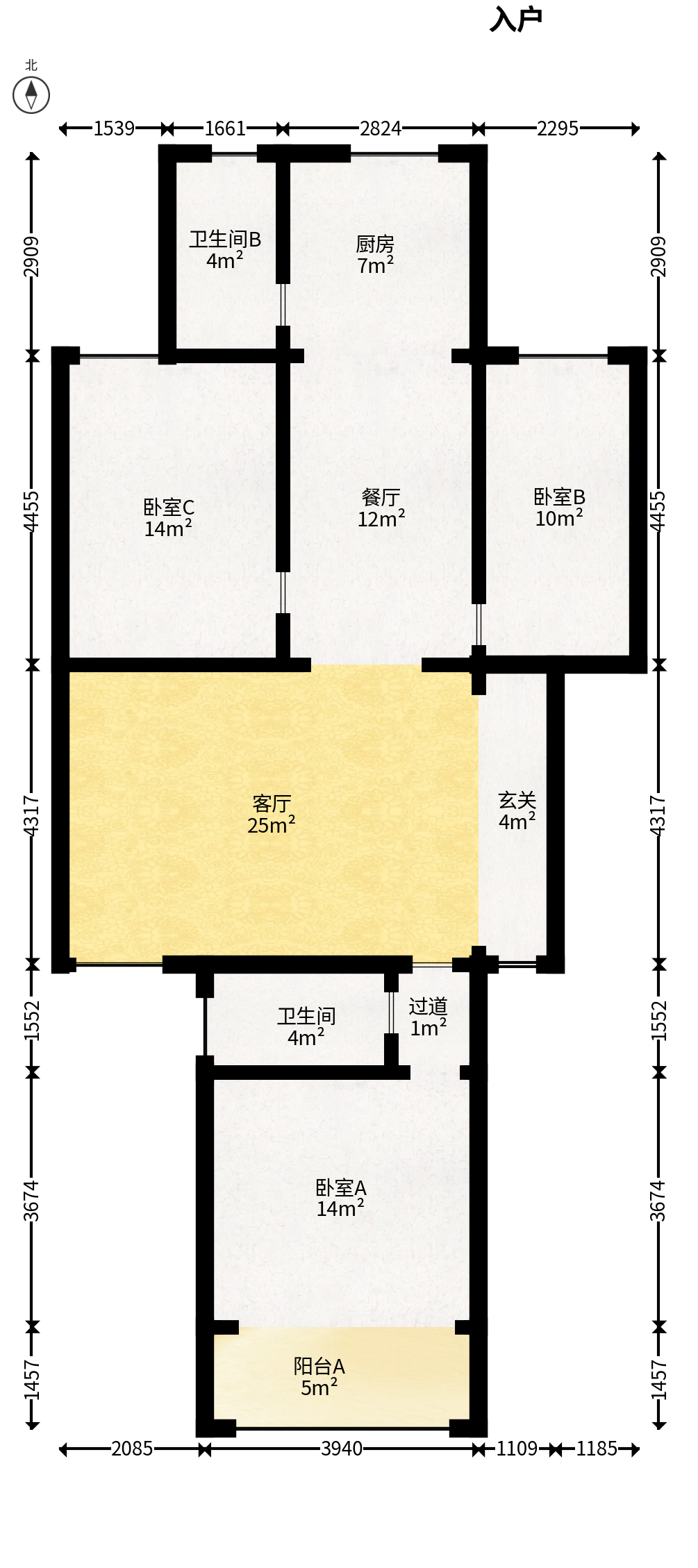 南沙公寓  3室2厅2卫   65.00万户型图