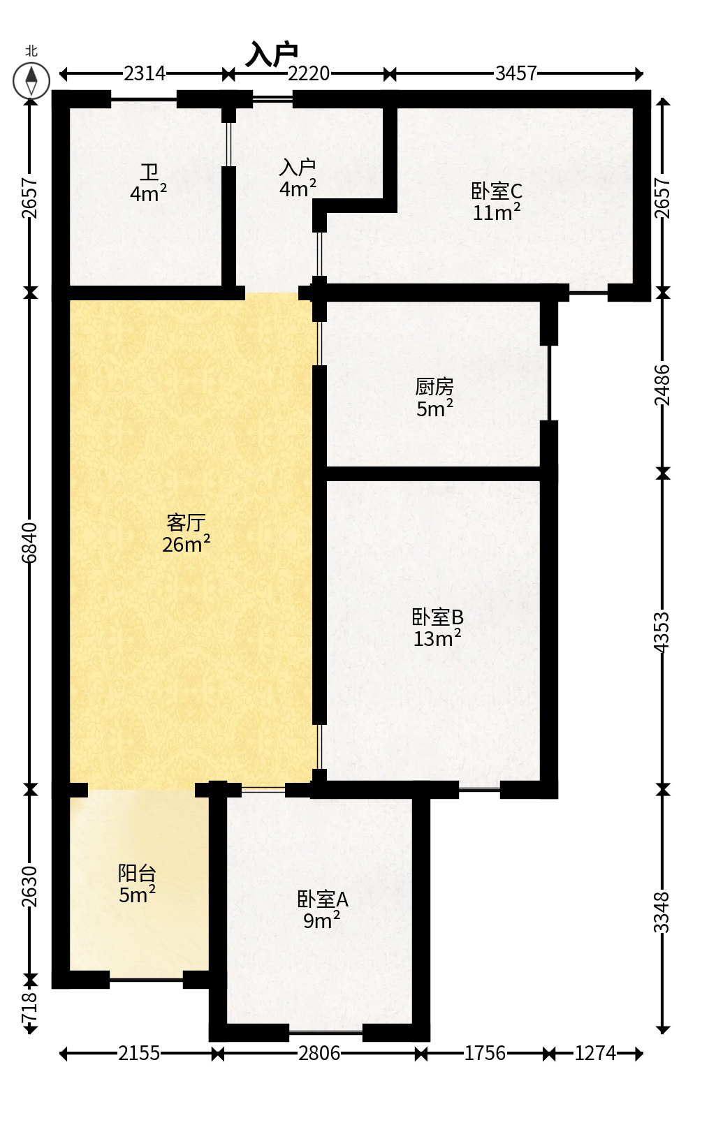保利城（中航城国际社区、郡原美村）  3室2厅1卫   62.00万户型图
