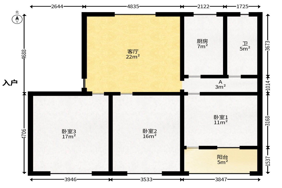 曙光路口建行宿舍  3室1厅1卫   56.00万户型图