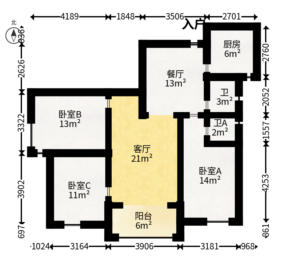 中房F联邦  3室2厅2卫   85.00万户型图