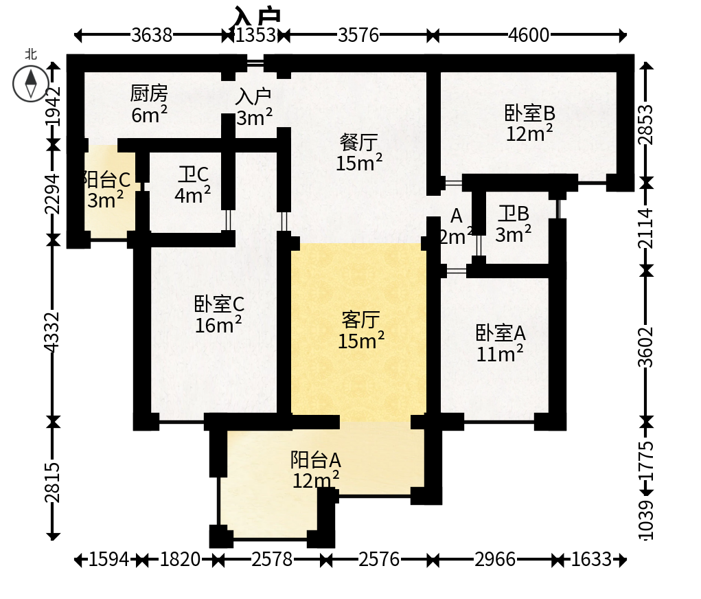 保利城（中航城国际社区、郡原美村）  3室2厅2卫   102.00万户型图