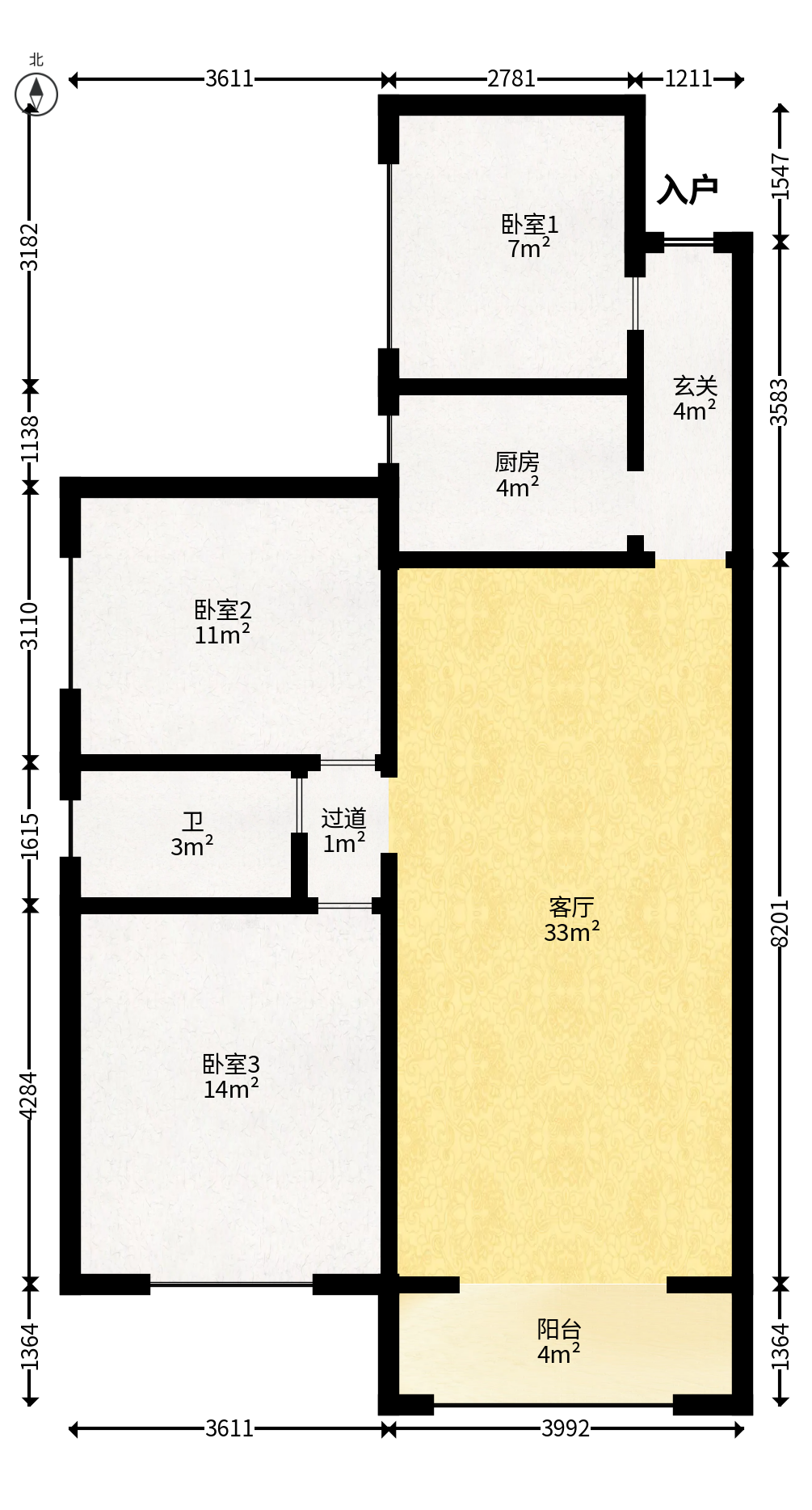 山与墅  3室2厅1卫   84.50万户型图