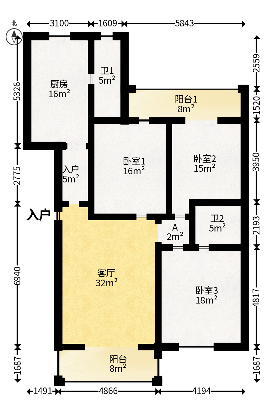鸿景苑  3室2厅2卫   115.00万户型图