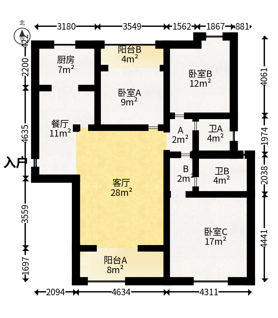 金色溪泉湾  3室2厅2卫   125.00万户型图