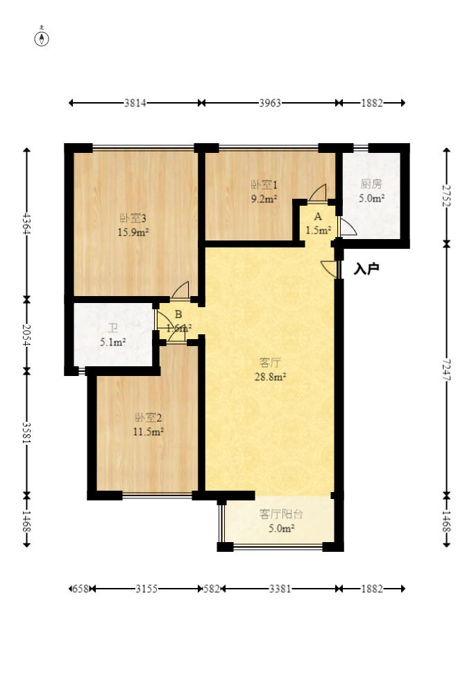 和庄  3室2厅1卫   75.00万户型图