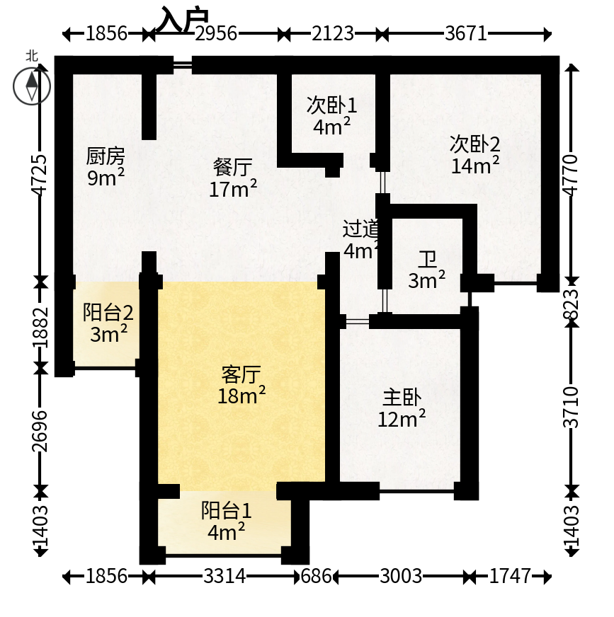 北辰三角洲E5区  2室2厅2卫   125.00万户型图