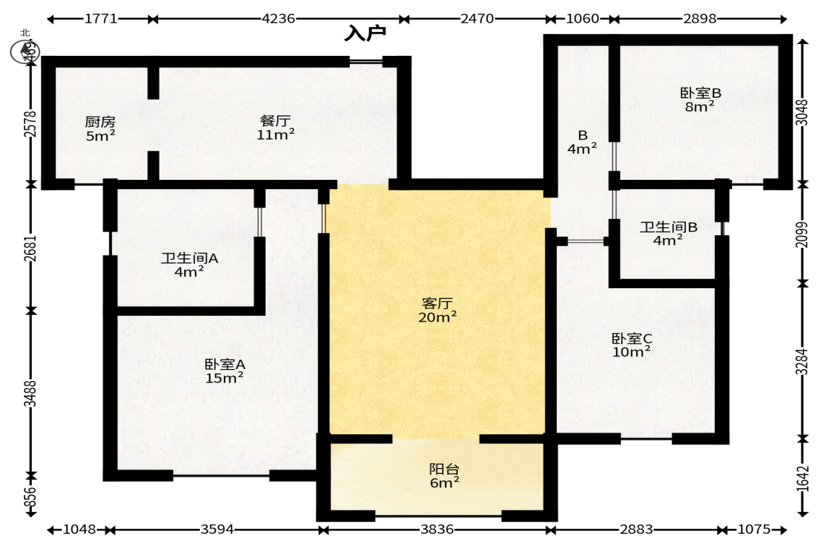 福天藏郡院子  3室2厅2卫   80.00万户型图