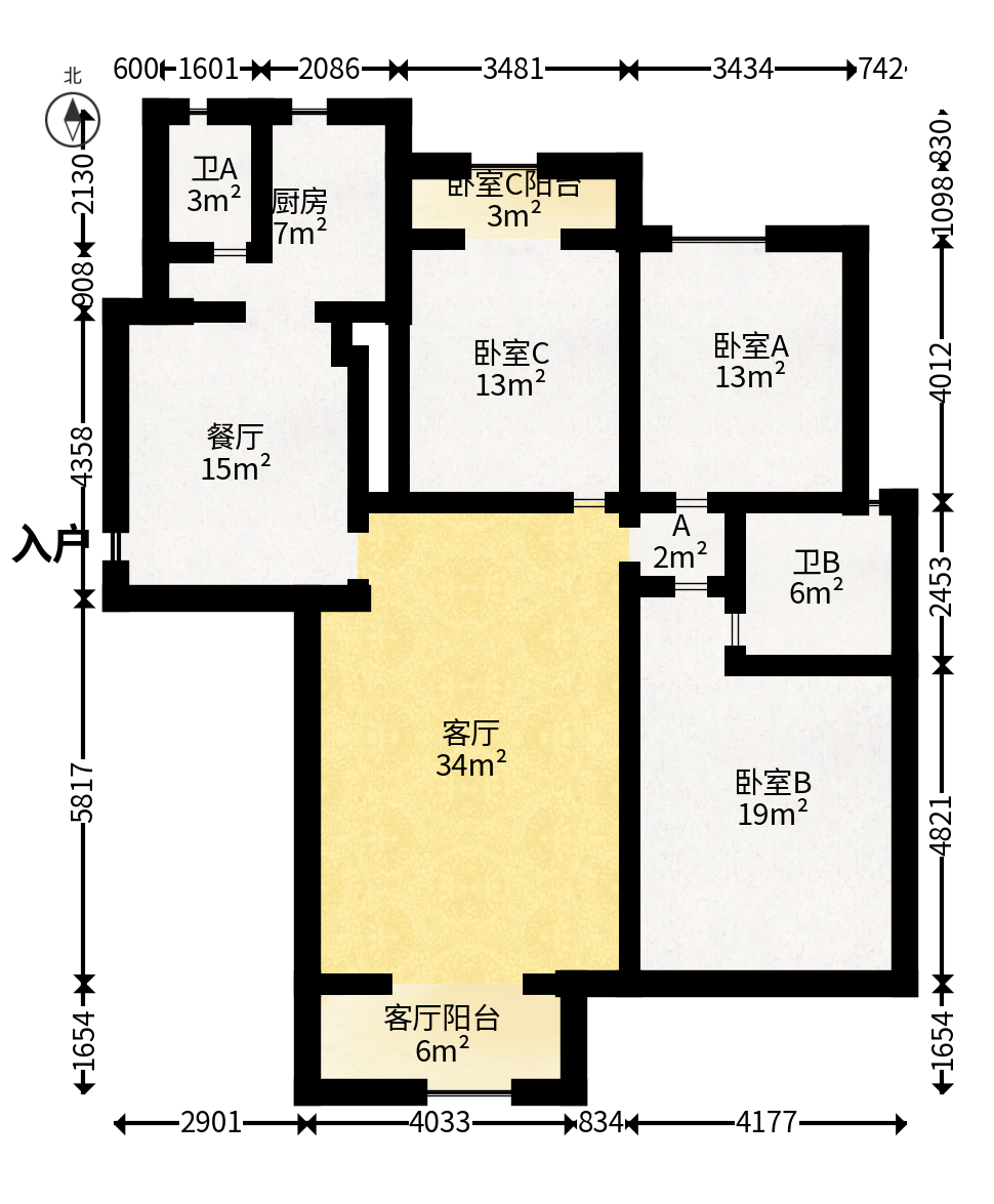 八方小区B区  3室2厅1卫   445.00万户型图