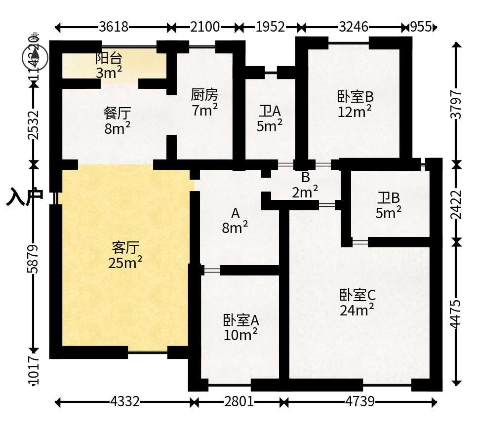 长大卧琥  3室2厅2卫   95.00万户型图