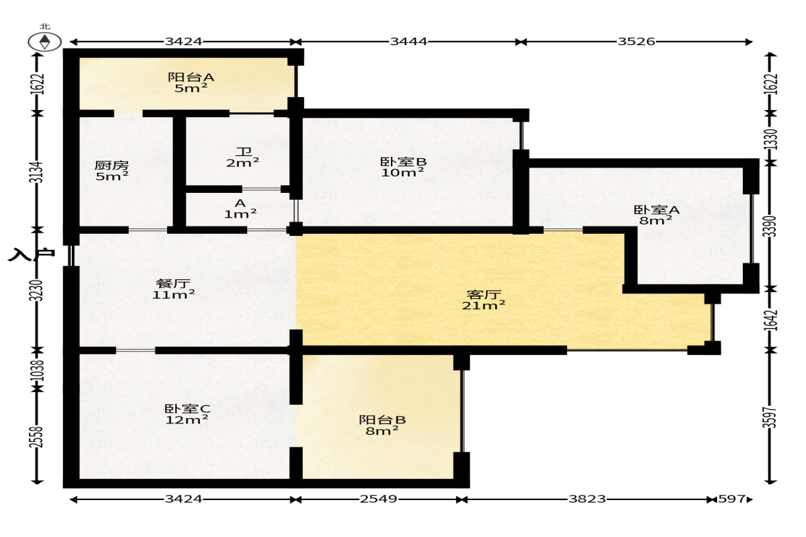 悦湖山  3室1厅1卫   68.00万户型图