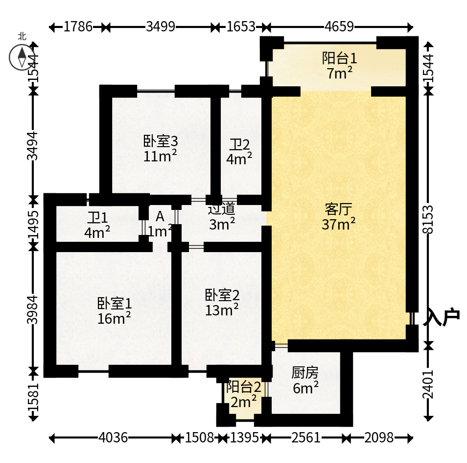 金碧文华  3室2厅1卫    75.88万户型图