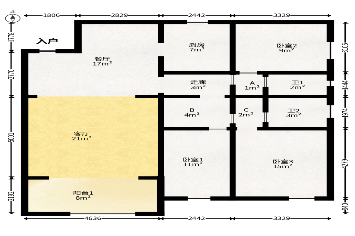 华欣公寓  3室2厅2卫   88.80万户型图