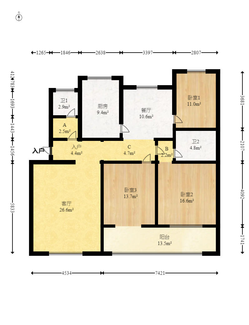 新合四组  3室2厅2卫   65.00万户型图
