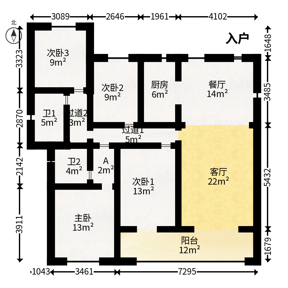 龙湖春江天玺  3室2厅2卫   210.00万户型图