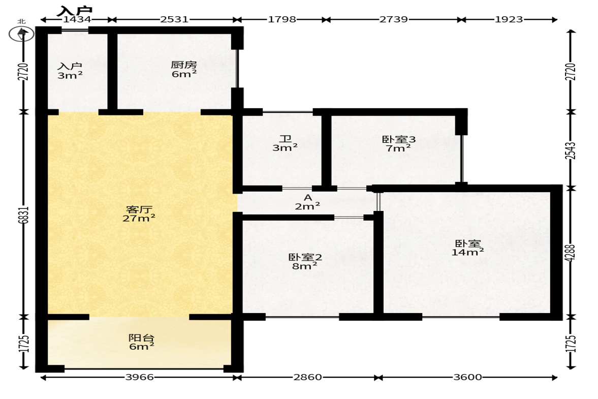 莱茵城  3室2厅1卫   76.00万户型图